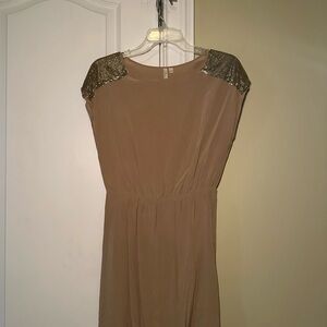 Petticoat Alley Beige Dress with Metallic Shoulder Accents